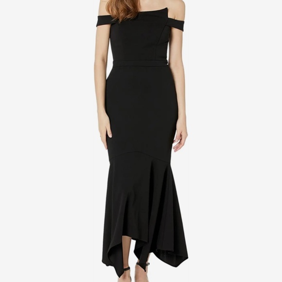 NWT XSCAPEOff-the-Shoulder Scuba Crepe Flounce Black Dress - Size 8